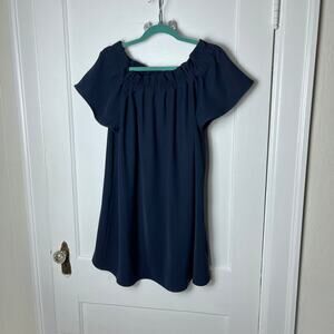 Pleione Women's Navy Blue Off The Shoulder Swing Ruffle Mini Dress Size Medium